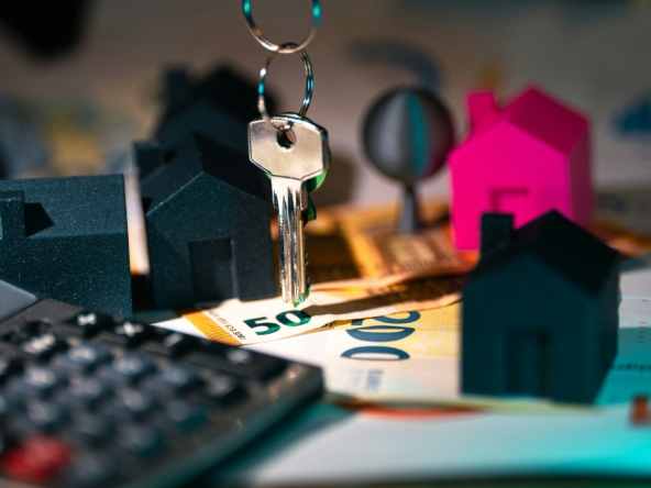 Modelos de casas en miniatura con llaves y billetes de euro, representando la rentabilidad de una vivienda de uso turístico.